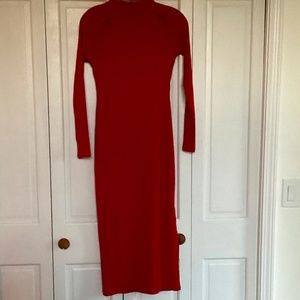 Red ribbed long sleeve midi dress